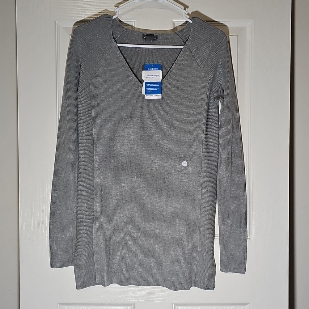 Eddie Bauer Gray Knit Tellus V-Neck Tunic Sweater Long Sleeves Wicking Size XS